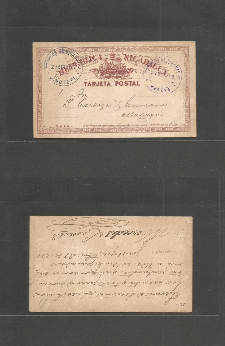 Nicaragua. 1885 (27 Oct) Jinotepe - Masaya (27 Oct) Local Early 2c Red + Brown Stationary Card Properly Circulated. Both - Nicaragua