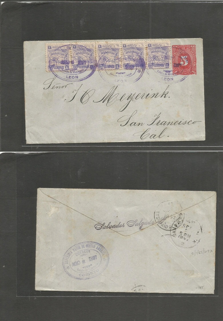 Nicaragua. 1897 (Aug 8) Leon - USA, SF, Cal (Sept 2) Via Corinto. 5c Red Stationary Envelope + Five Adtls Map Issue 1c L - Nicaragua