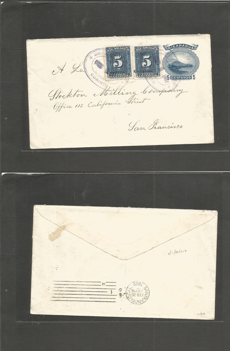 Nicaragua. 1902 (9 Febr) Corinto - USA, SF, Cal. 5c Blue Stat Env + 2 Adtl P. Dues Ovptd Used As Provisional Postage, Ov - Nicaragua