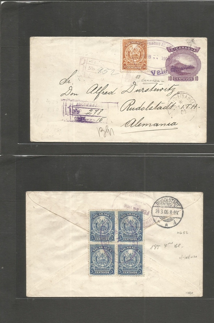 Nicaragua. 1906 (Feb 14) Granada - Germany, Rudolstadt ITH (24 March) Registered Provisional Ovptd 5c / 10c Lilac + 5 Ad - Nicaragua