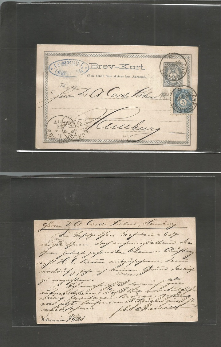 Norway. 1883 (9 April) Christania - Germany, Hamburg (19 Apr) 5 Ore Grey Stat Card + Adtl, Cds. Fine Early Nice Item. - Autres & Non Classés