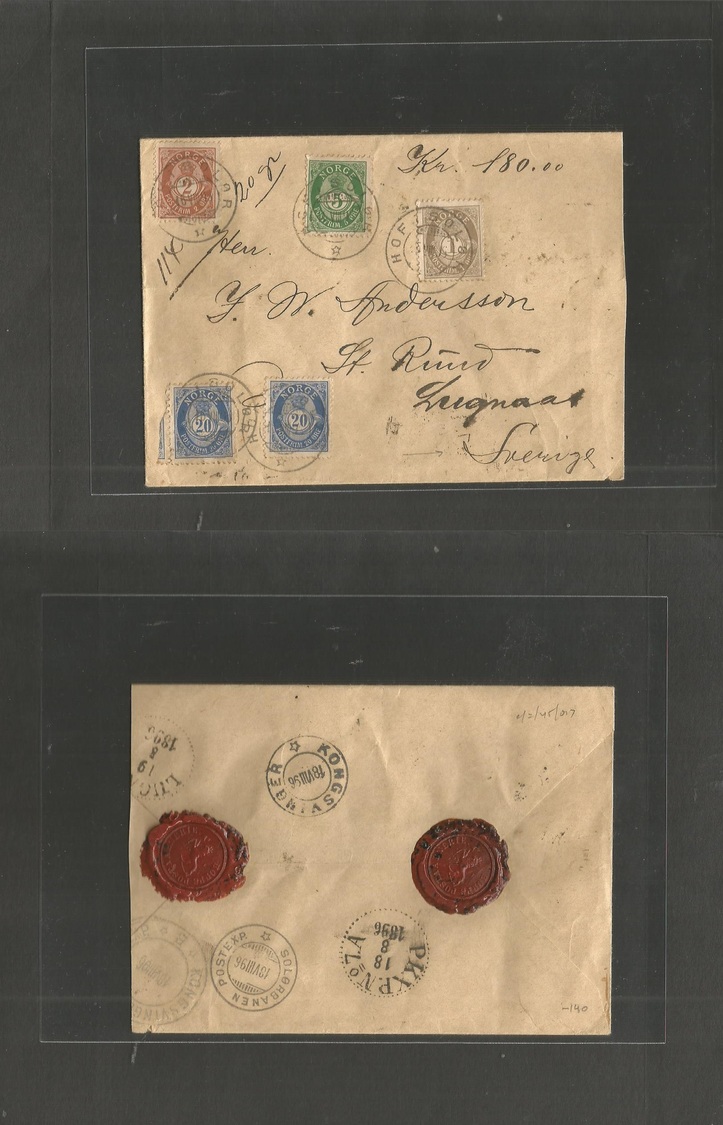 Norway. 1896 (16 Aug) Hofisolok - Sweden, Lugnaa (18 Aug) Registered Insured 180 Krone Multifkd Envelope At 48 Ore Rate. - Sonstige & Ohne Zuordnung