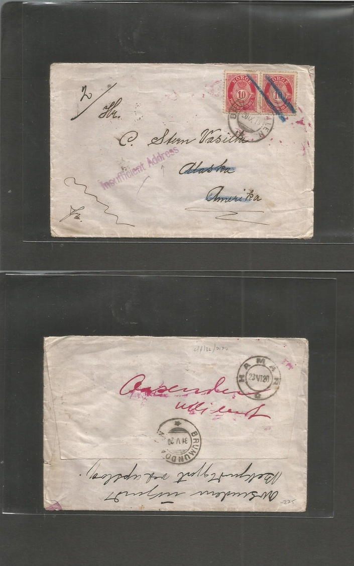 Norway. 1919 (20 Sept) Brumundoalen - USA, Alaska + Retur For "insufficent Address" (Alaskan Postal Mark Cachet) (xxx/R) - Autres & Non Classés