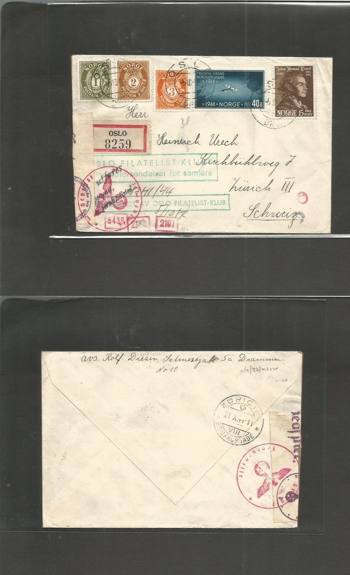 Norway. 1944 (5 Oct) Oslo - Switzerland, Zürich (21 Oct) Registered Multifkd Envelope + Nazi Censor Label + Cachet. VF. - Sonstige & Ohne Zuordnung