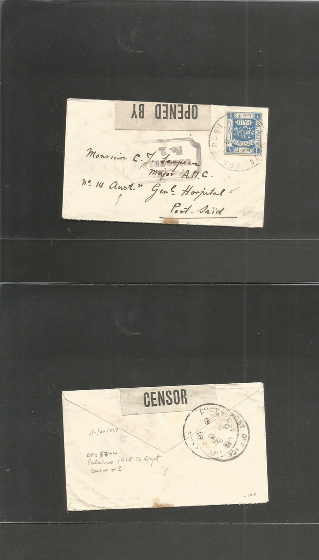 Palestine. 1918 (19 Apr) APO SZ 44. EEF. Fkd Env To Port Said, Australian General Hospital, Major AMC + Censor Label. VF - Palästina
