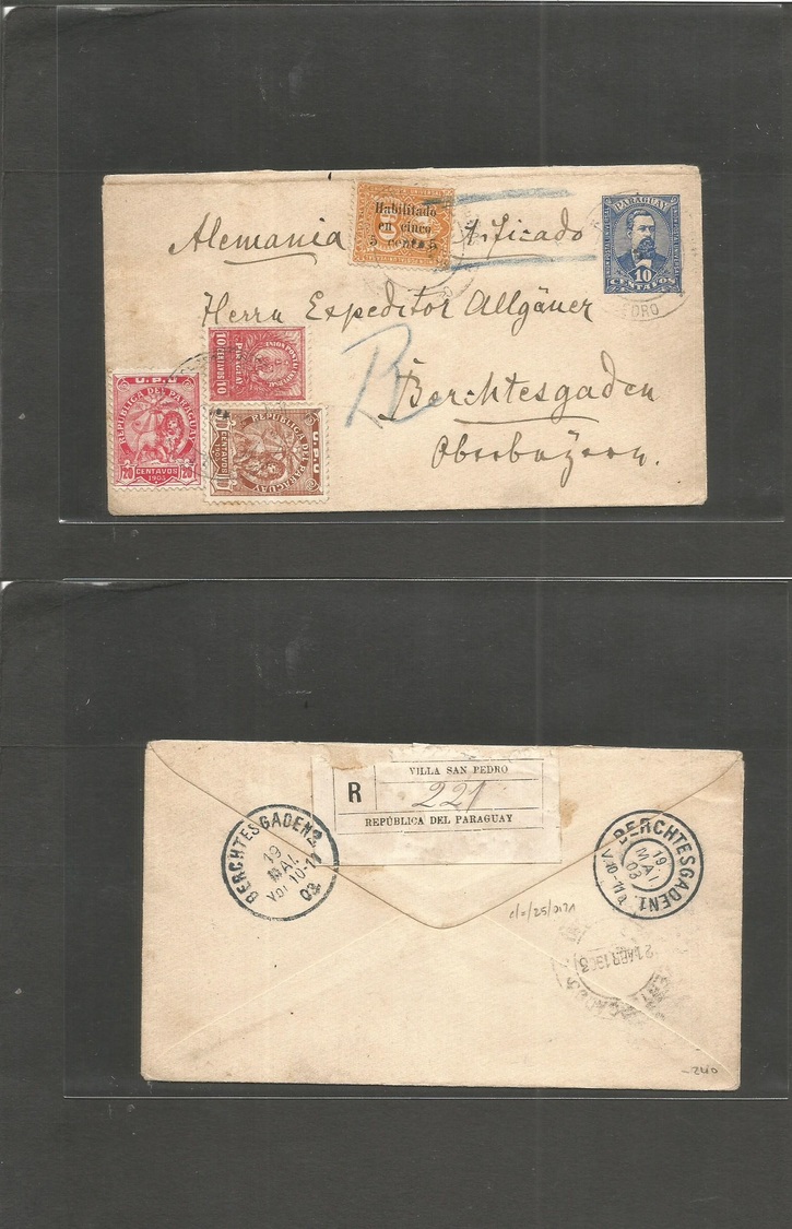 Paraguay. 1903 (21 April) Villa San Pedro - Germany (19 May) Registered Multifkd 10c Blue Incl Ovptd Issue + Mixed Other - Paraguay