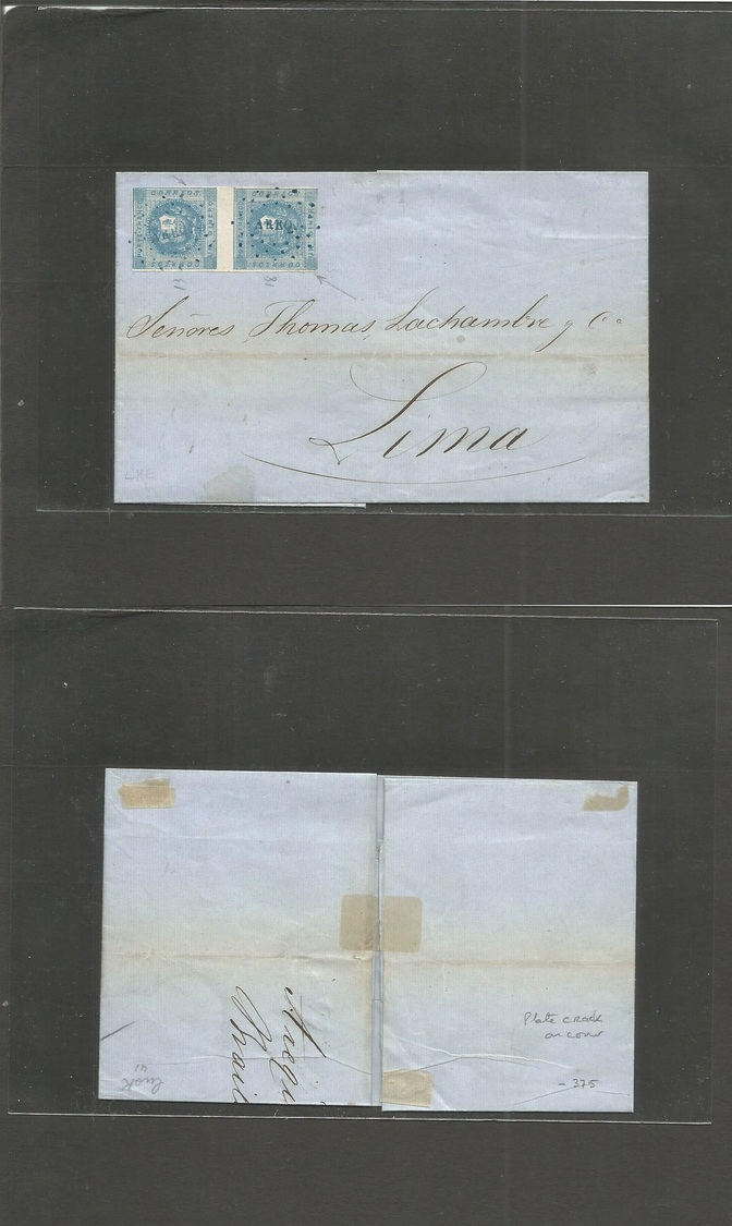 Peru. 1858 (6 Sept) Arequipa - Lima (10 Seppt) Franked EL Bearing Un Dinero Blue Long Pair WIDE Separation + Both Affect - Pérou