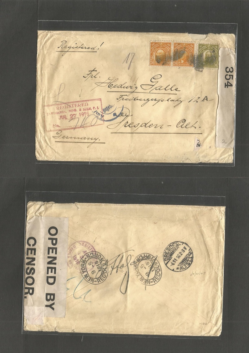 Philippines. 1916 (27 July) WWI, Zamboanga - Germany, Dresden (4 Nov) Registered Multifkd WWI + Censor US Envelope Via N - Philippines