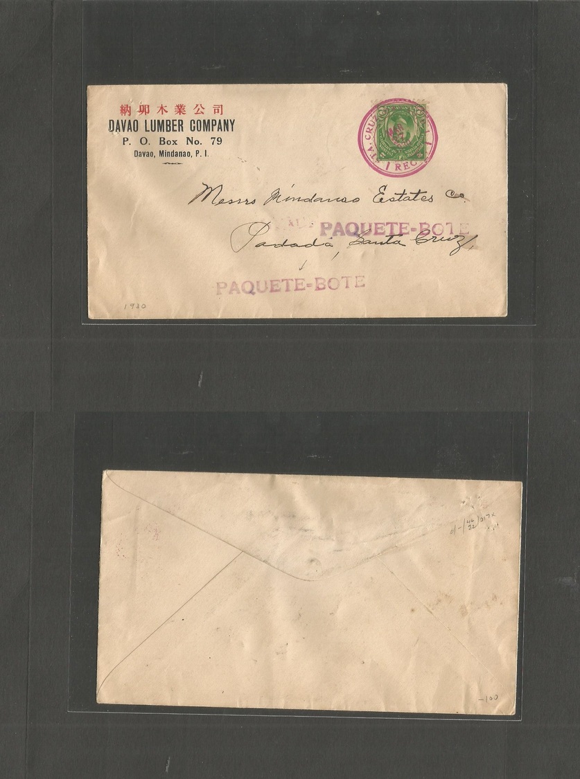 Philippines. 1930. Davao, Mindanao - Padada, Sta. Cruz Local Chinese Bussiness Paquebot Stline Fkd Mail + Arrival Cancel - Philippines