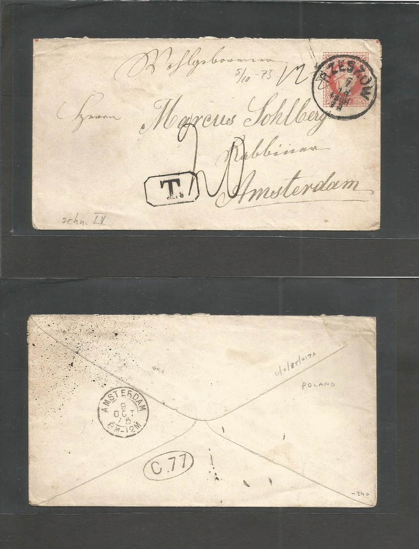 Poland. 1875 (5 Oct) Rzeszow - Netherlands, Amsterdam (9 Oct) 5kr Red Stat Env + Taxed + T-20 + 12 1/2 Sch IV. Very Scar - Autres & Non Classés