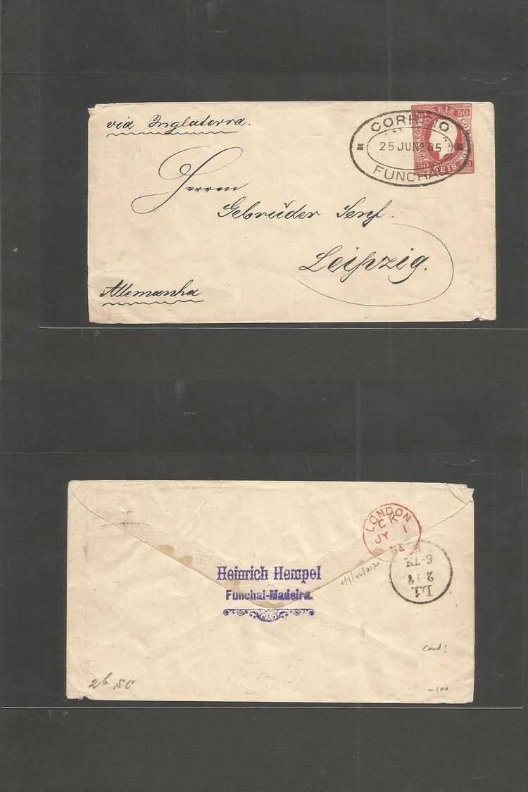 Portugal - Stationery. 1885 (25 June) Funchal (Azores Islands) - Germany, Leipzig (2 July) Via London 50r Deep Red. D. L - Sonstige & Ohne Zuordnung