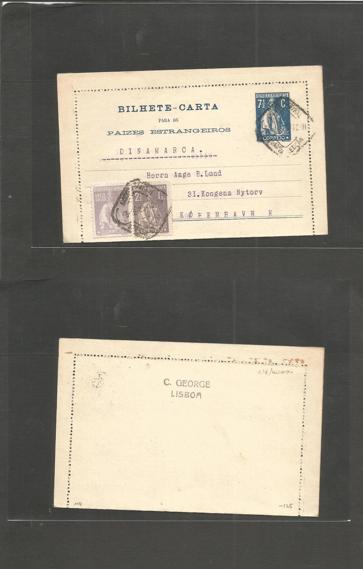 Portugal - Stationery. 1925 (5 Dec) Lisbon - Denmark, Kopenhagen 7 1/2c Blue Stat Lettersheet Ceres Issue + 2 Adtls At 1 - Autres & Non Classés