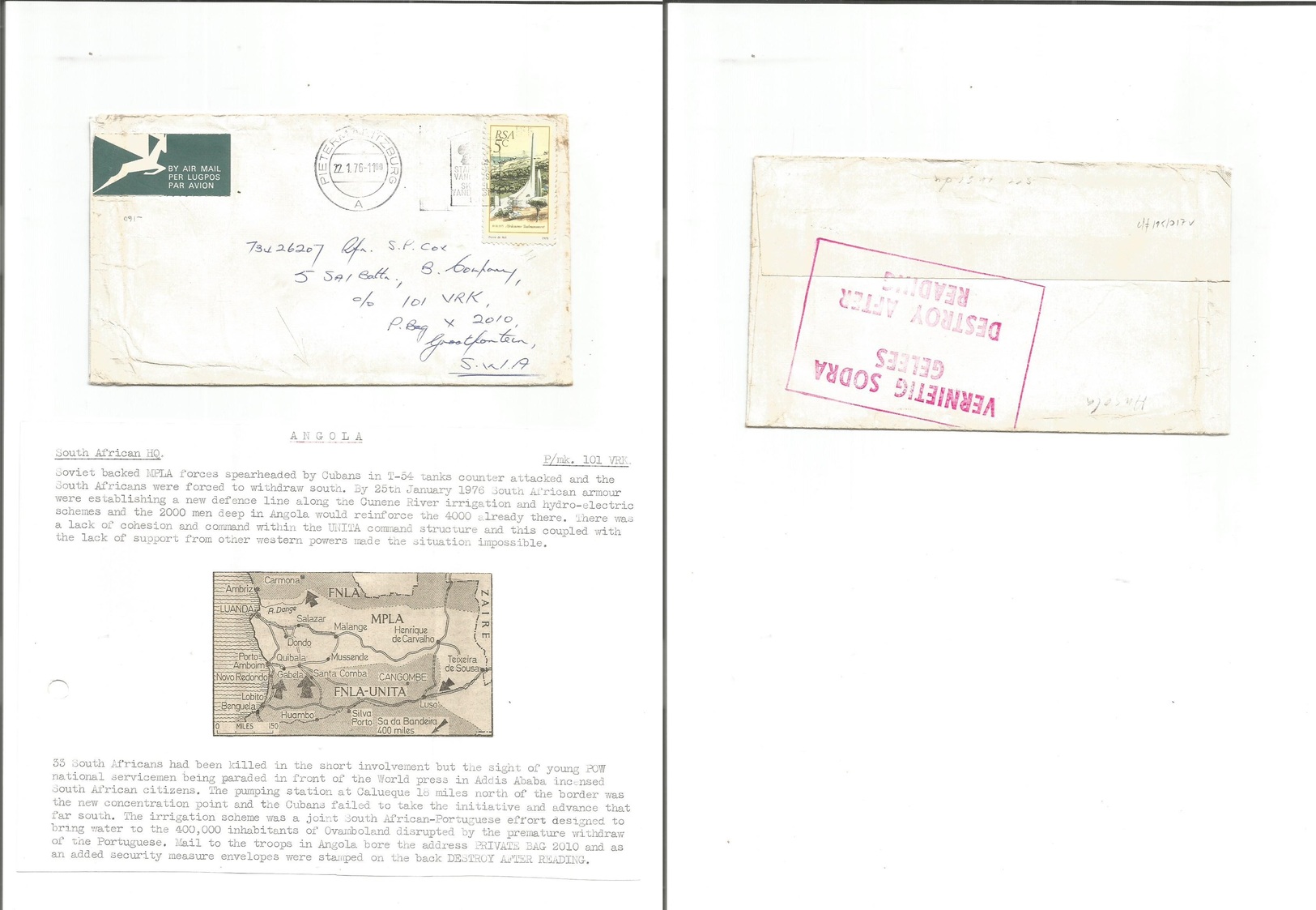 Portugal-Angola. 1976 (22 Jan) Cunene River. Cuba Soviet Intervention + S. Africa War At Angola. South Africa - SWA. Mil - Autres & Non Classés