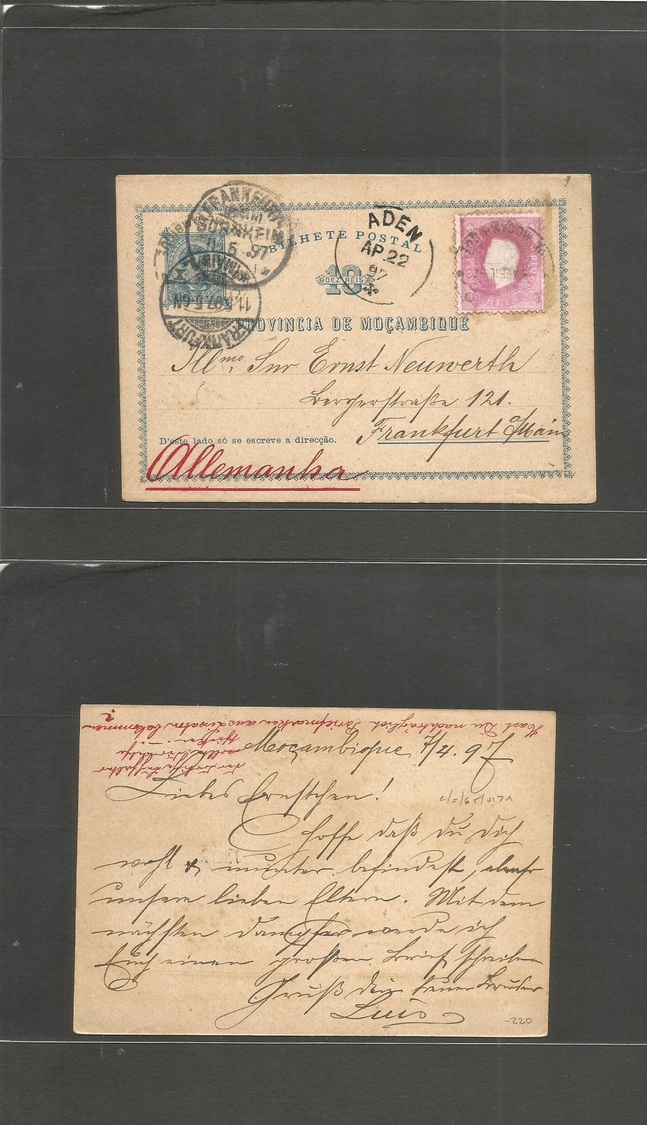 Portugal-Mozambique Company. 1897 (7 April) GPO - Germany. Frankfurt (11 May) Early 10 Rs Blue Stat Card + D. Louis Embo - Sonstige & Ohne Zuordnung