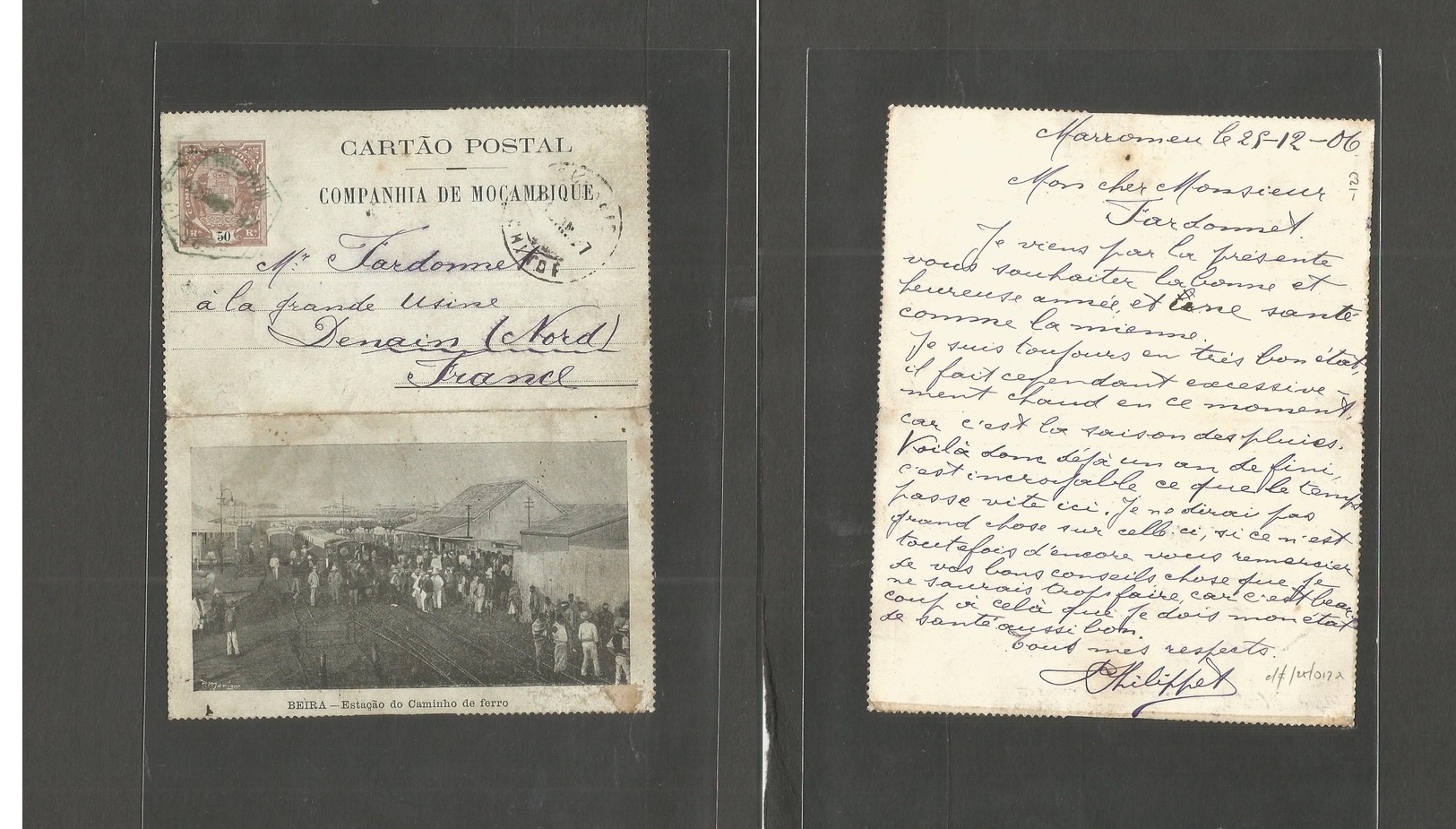 Portugal-Mozambique Company. 1906 (25 Dec) Marromeu - France, Denain 50 Rs Brown Beira Station Photo Illustrated Station - Autres & Non Classés