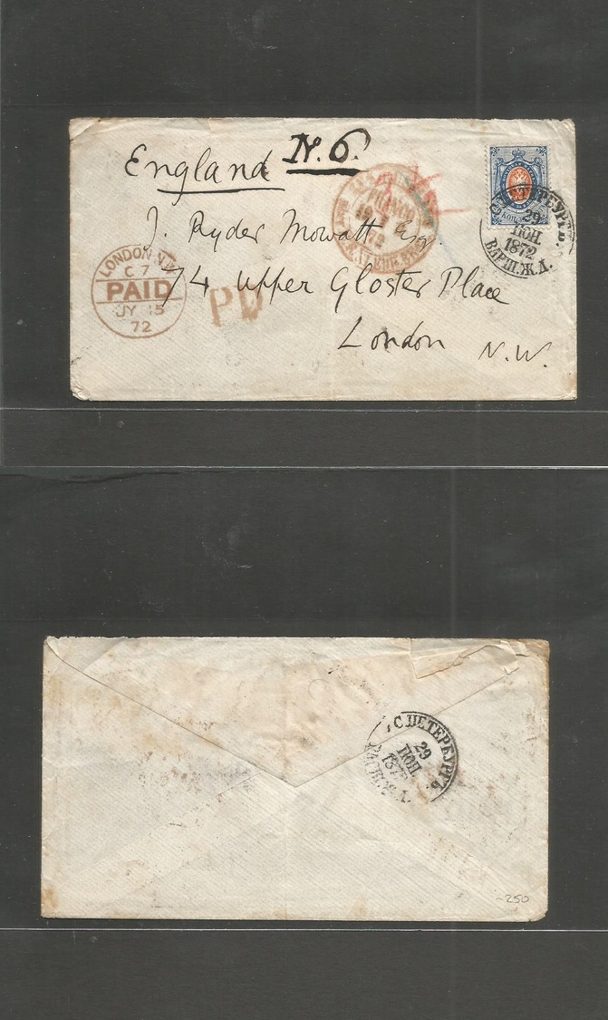 Russia. 1872 (29 July, Gregorian Calendar) St. Petersburg - UK, London (15 July) Via Prussian Mail. Fkd Env 20 Kop Blue  - Autres & Non Classés