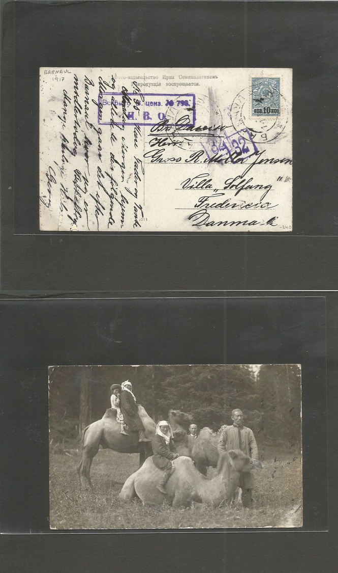 Russia. 1917 (1 Dic) Barnaul, West Siberia - Denmark, Frederic Ovptd Issue Single 10kop Fkd Ppc Card + Censor Cachet. Ci - Autres & Non Classés