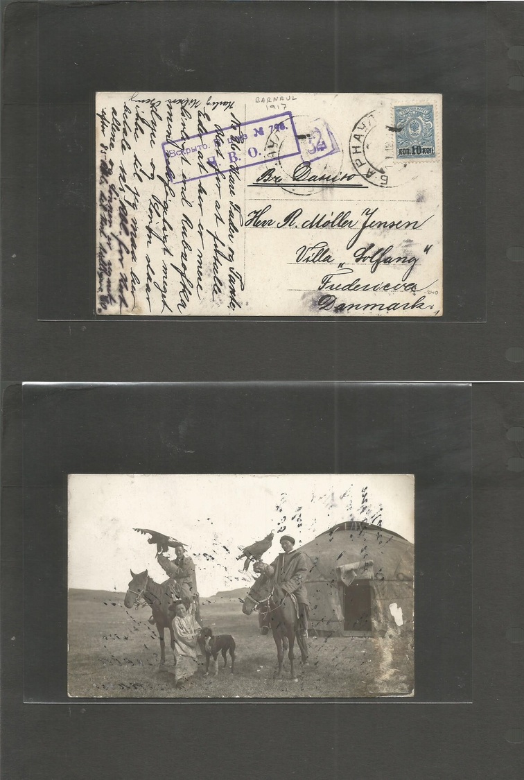Russia. 1917 (1 Dec) Barnaul, West Siberia - Denmark, Fredericia. Fkd Local Photo View Ppc. Ovptd Issue + Cds + Censor C - Autres & Non Classés
