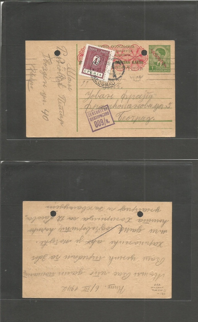 Serbia. 1942 (6 March) Hunn - Belgrade. Ovptd Yougoslavia / Serbia Stat Card, Taxed With Extraord Rare. 1 Din Red Lilac  - Servië