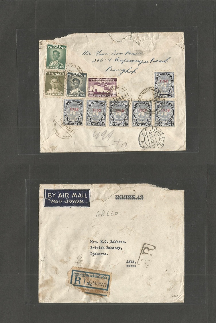 Siam. 1953 (7 Nov) Bangkok - Java, Djakarta (10 Nov) Registered A.R: Aimail Reverse Multifkd Env Incl UNO Issue + King 3 - Siam