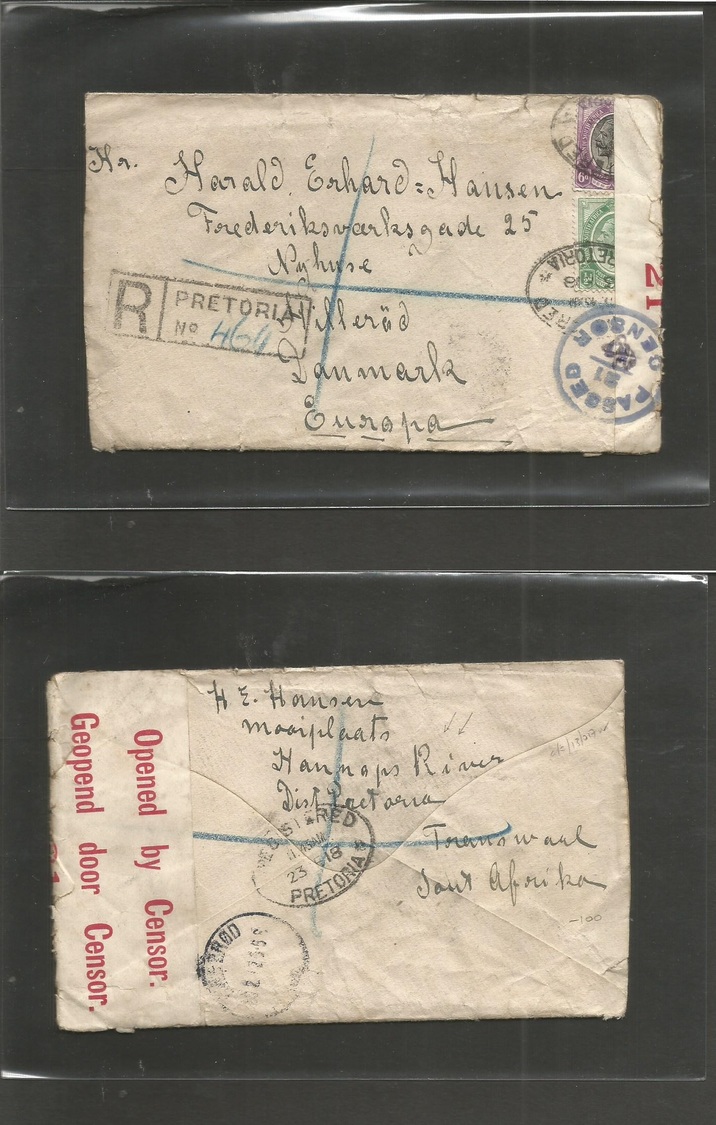 South Africa. 1918 (25 Jan) Pretoria - Denmark, Hillerod. Registered Multifkd + WWI Censor Label + Cachet + Arrival. Env - Autres & Non Classés