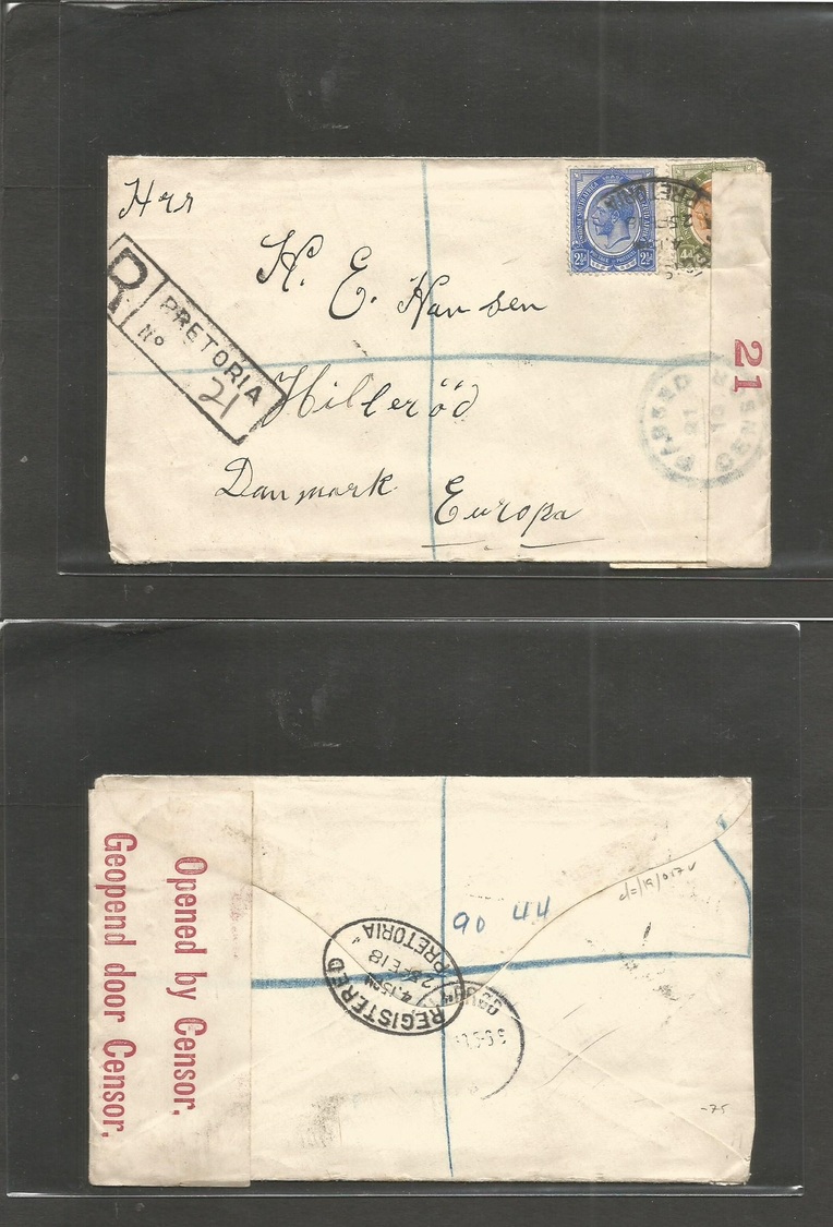 South Africa. 1918 (25 Feb) Pretoria - Denmark, Hillerod. Registered Multifkd + WWI Censored Label + Cachet + R - Cachet - Autres & Non Classés