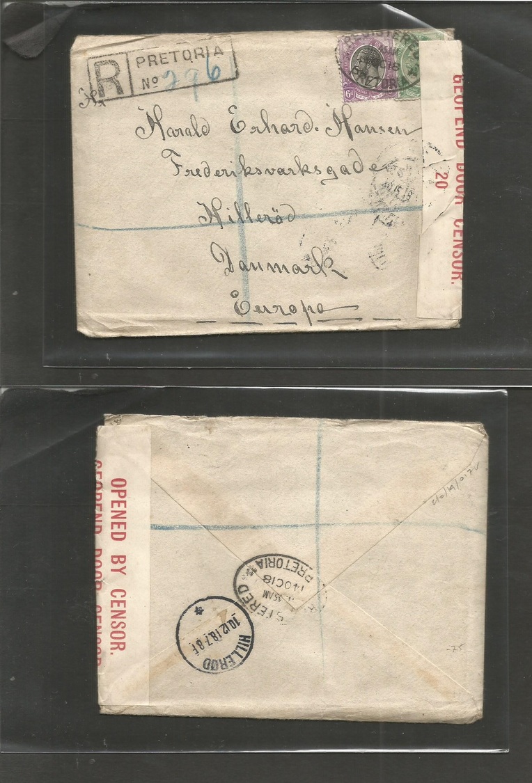 South Africa. 1918 (14 Oct) Pretoria - Denmark, Hillerod (10 Dec 18) Registered Multifkd Env +  Censor Label + R-cachet  - Sonstige & Ohne Zuordnung