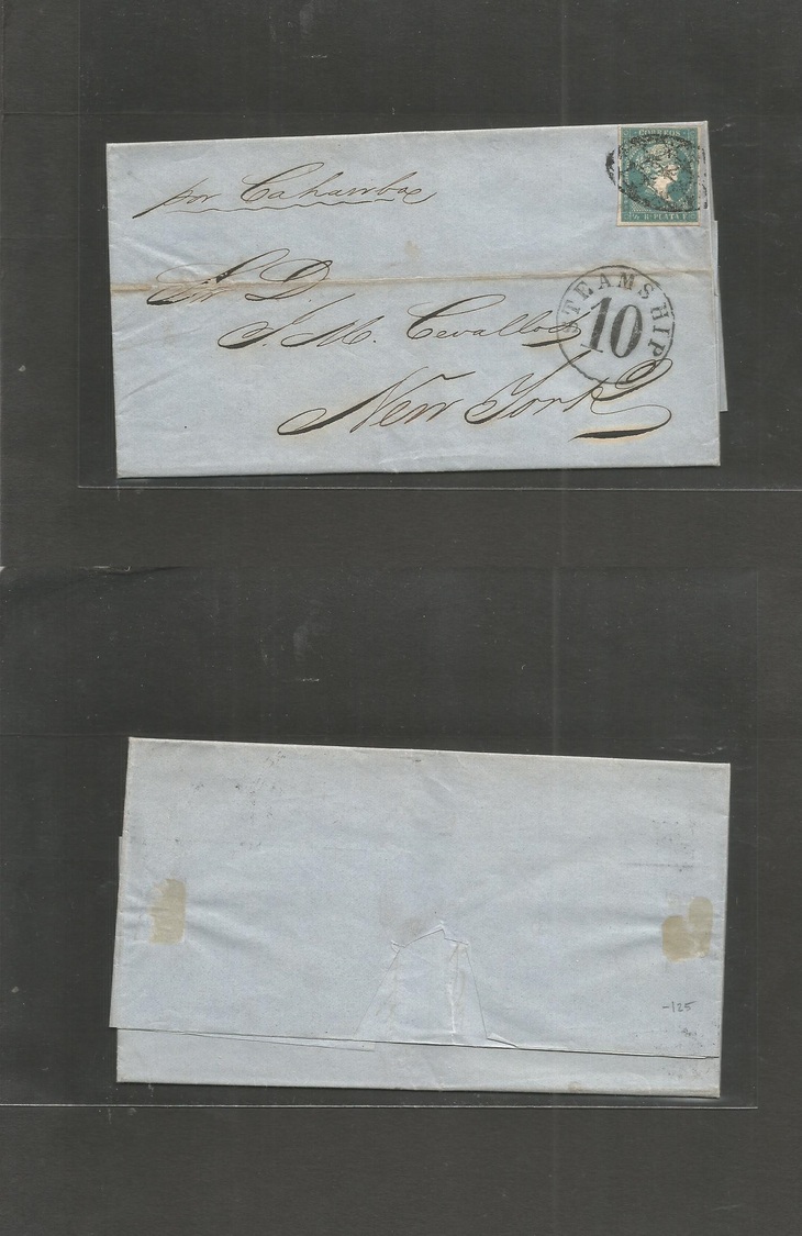 Cuba. 1860 (28 Mayo) Matanzas - USA, NYC. Carta Con Texto Completo Circulada Con Franqueo Antillas 1/2 Real Azul Plata S - Autres & Non Classés