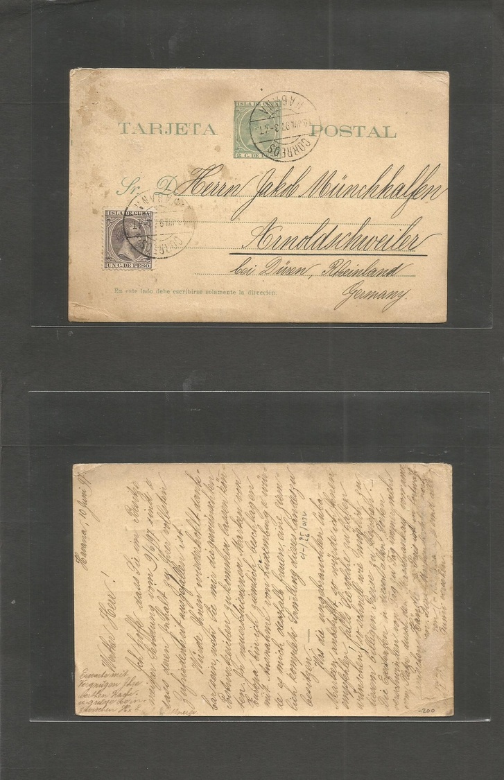 Cuba. 1897 (10 Junio) Habana - Alemania, Arnoldschweilar. Entero Postal 2c Verde Pelon + 1c Violeta Adicional, Mat. Fech - Autres & Non Classés