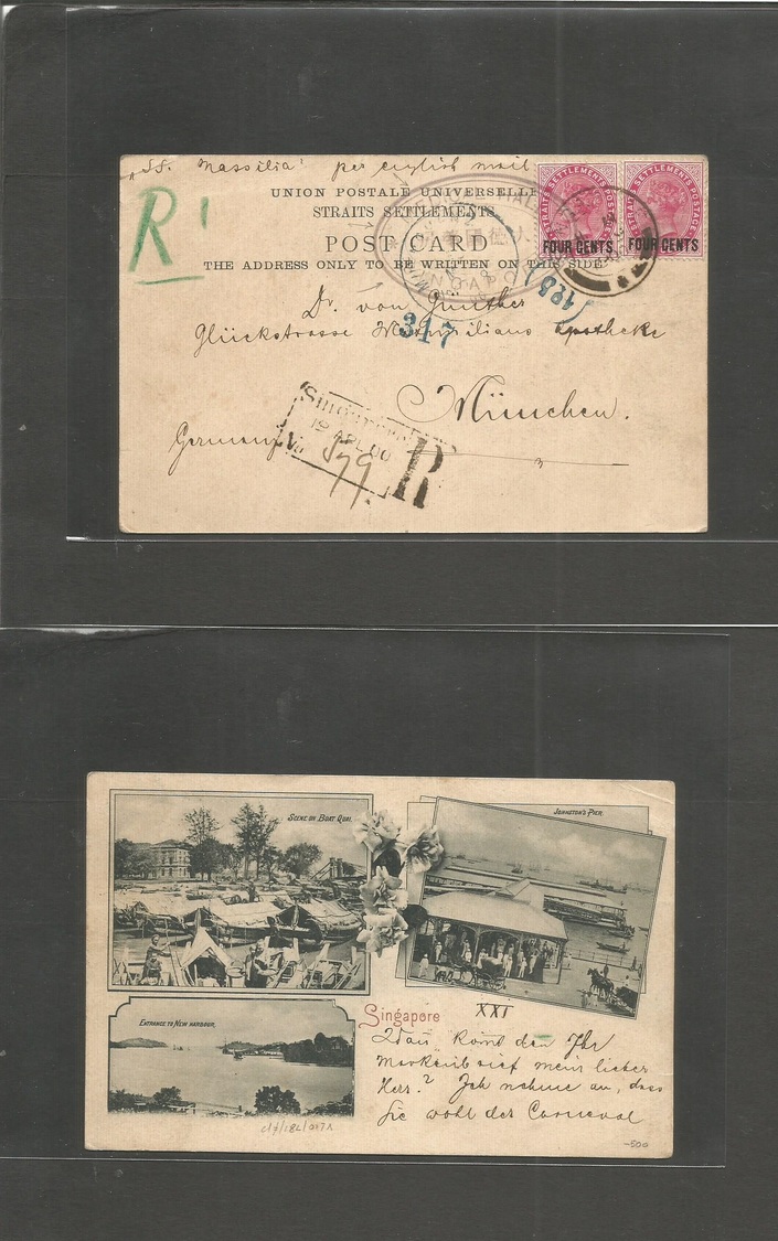Straits Settlements Singapore. 1900 (Apr 19) "MEDICAL HALL, Singapore" - Munich, Germany (13 May) Registered Ppc Fkg Ovp - Singapur (1959-...)