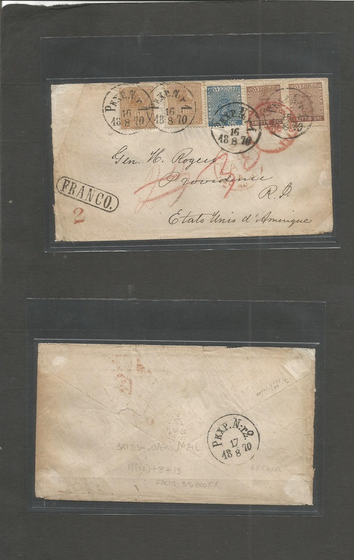 Sweden. 1870 (16 Aug) (Stockholm) - USA, Providence, Rhode Island. Multicolor Franked Envelope Bearing 12 Ore Blue, 30 O - Autres & Non Classés