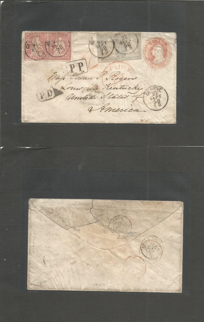 Switzerland. 1858 (27 Sept) Geneve - USA, Louville, Kentucky Via Paris - New York + British Packet Service. Exceptional  - Autres & Non Classés