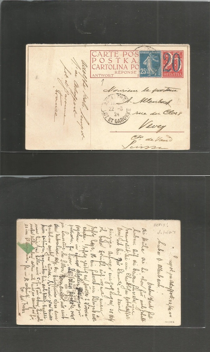 Switzerland - Xx. 1924 (22 Aug) Astafort, France, Garonne. 20c / 25c Red Reply Half Stationary Card. Proper Usage Back T - Autres & Non Classés