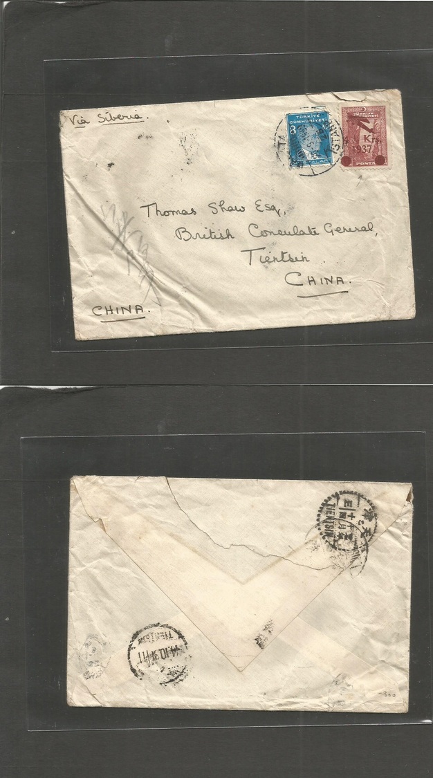 Turkey. 1939 (28 Sept) Istanbul - CHINA, Tientsin (14 Oct) Via Siberia. Early Airmail Fkd Envelope With Special Air Sing - Autres & Non Classés