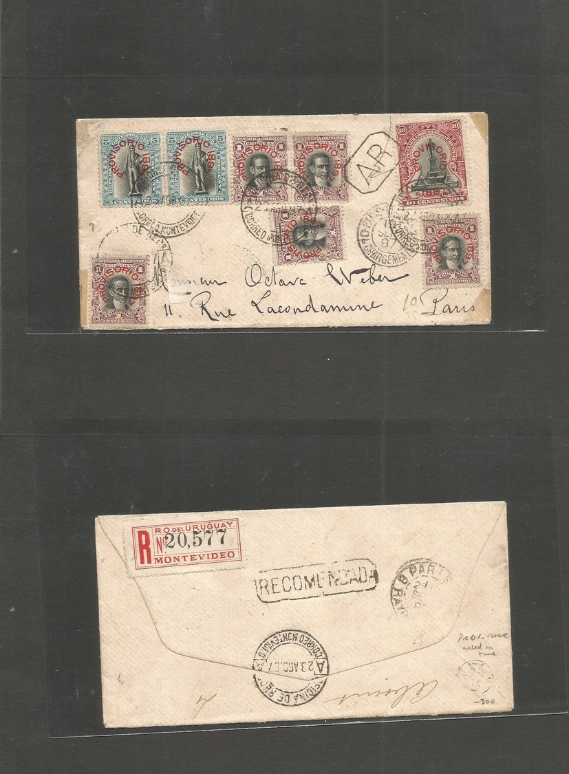 Uruguay. 1897 (23 Aug) PROVISORIO Issue. Montevideo - France, Paris (16 Sept) Registered AR Multifkd Envelope (x8) Overp - Uruguay