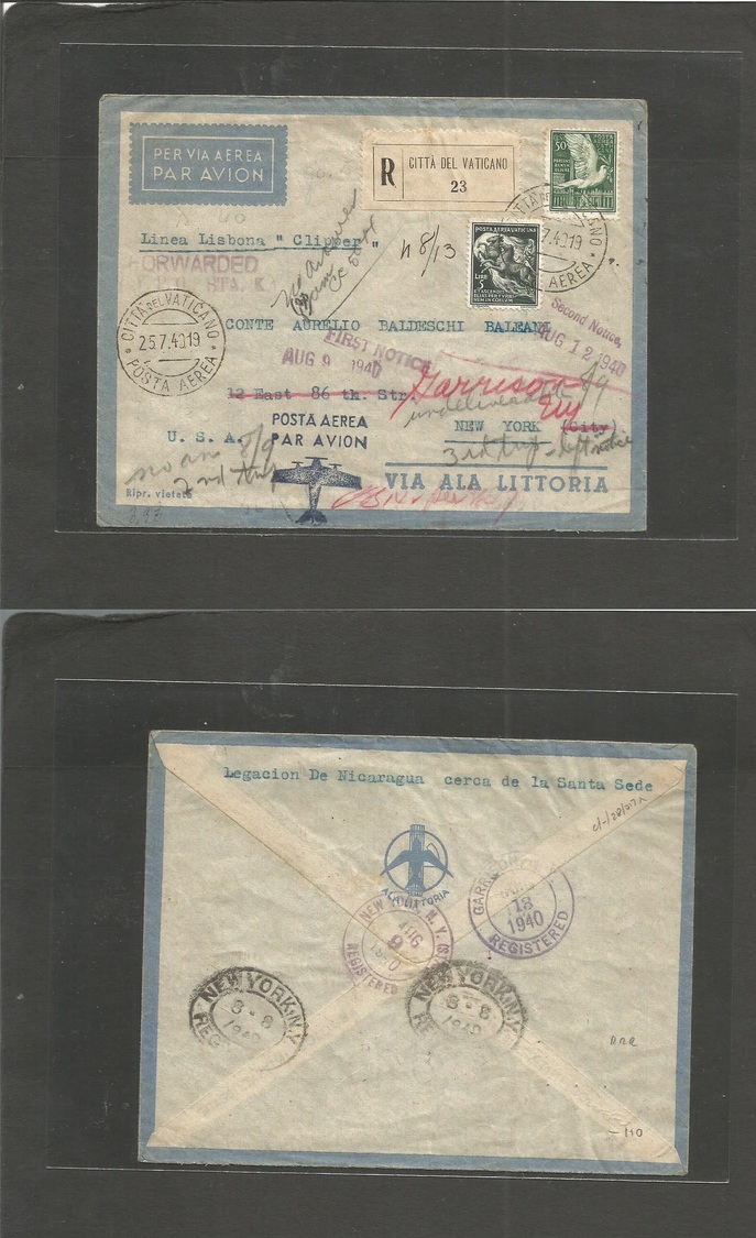 Vatican. 1940 (25 July) Citta - USA, NYC (Aug 9-15 1940) Registered Air Mutlfkd Envelope Via Ala Vitoria + Special Air C - Autres & Non Classés