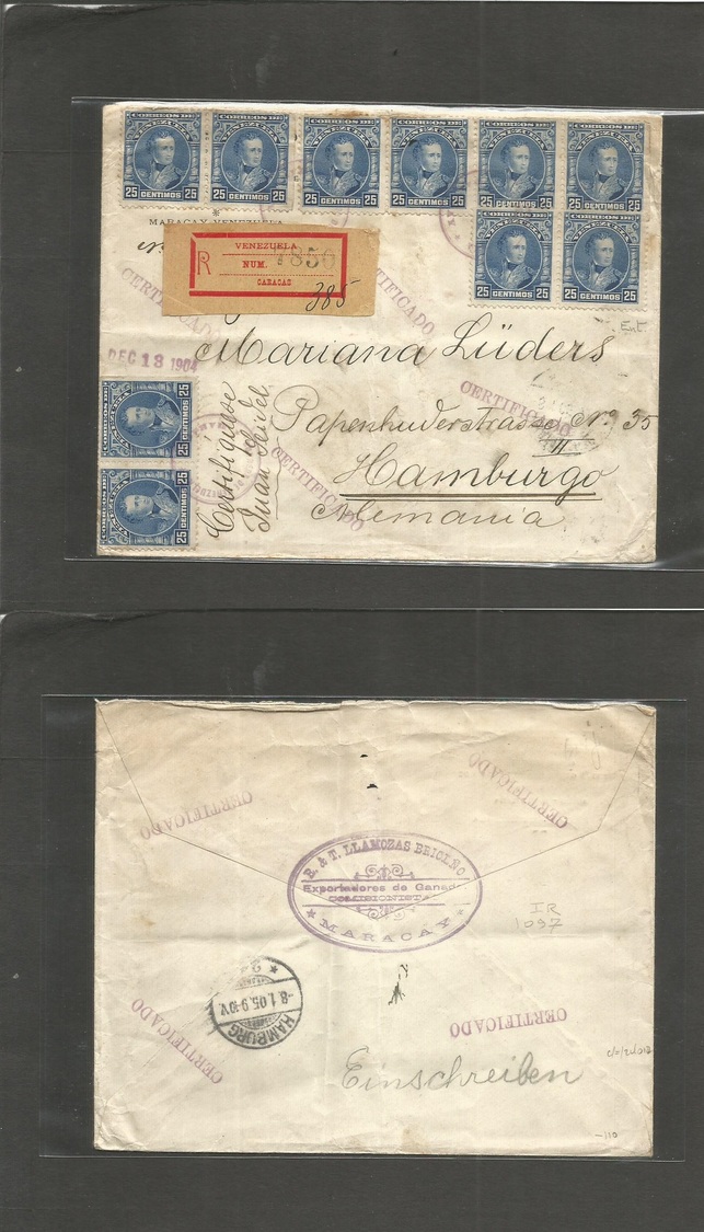 Venezuela. 1904 (Dec 13) MARACAY - Germany, Hamburg (8 Jan 1905) Via Caracas. Registered Multifkd Env 25c (x10) Blue, Ti - Venezuela