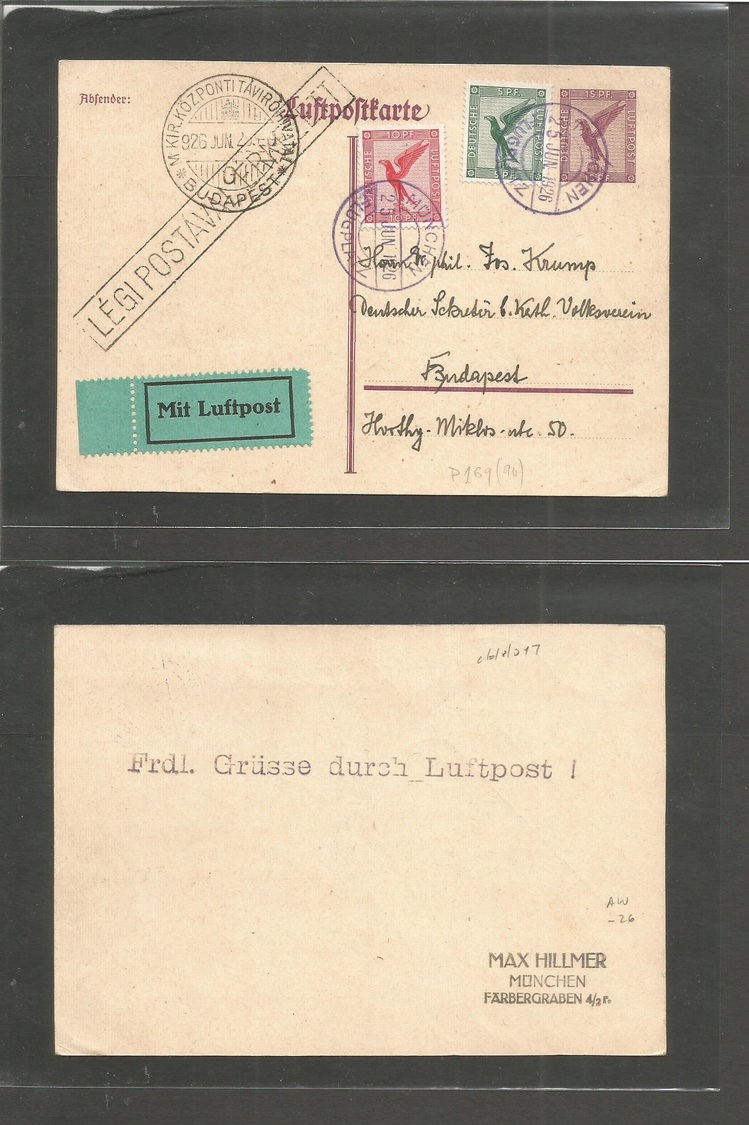 Airmails - World. 1926 (25 June) Munich - Hungary (25 June) Special Hungary Flight. Multifkd Card. VF. - Autres & Non Classés