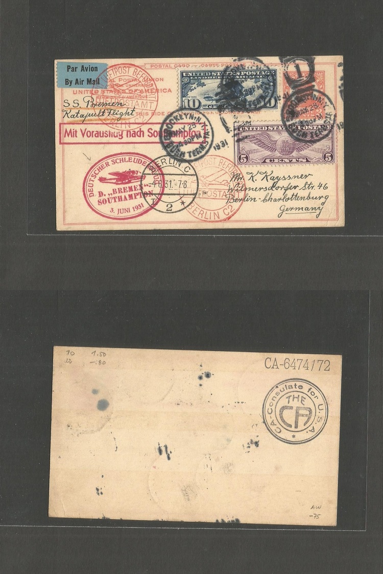 Airmails - World. 1931 (28 May) Katapult + Flight. USA - GERMANY. US Multifkd Stat Card + 7 Special Cachets. Lovely Item - Autres & Non Classés