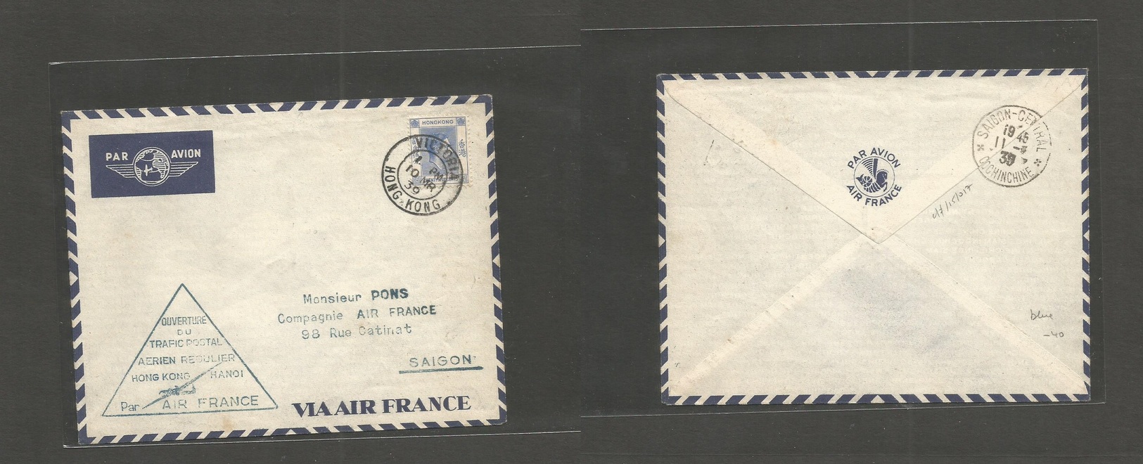 Airmails - World. 1939 (10 March) Hong Kong - Indochina. Fkd First Flight Envelope. Blue Special Cachet. VF. - Autres & Non Classés