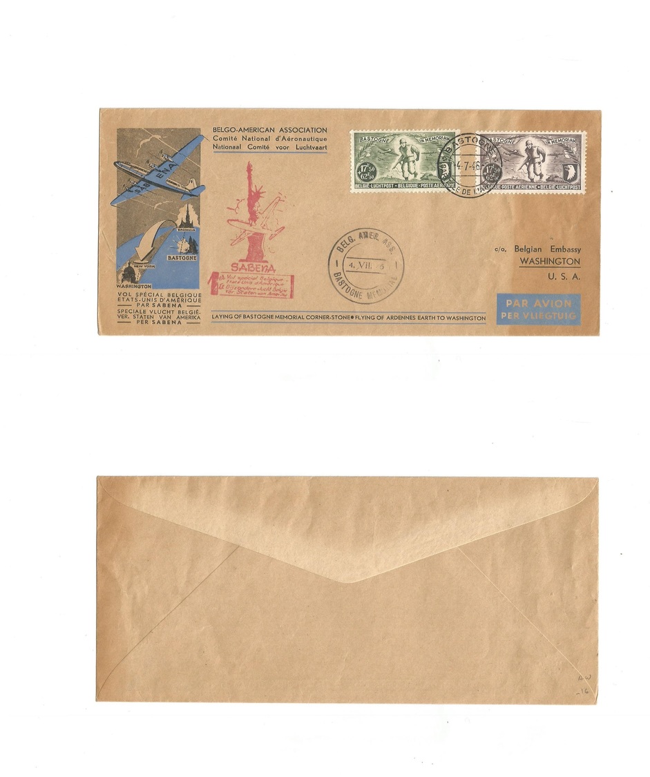 Airmails - World. 1946 (4 July) Belgium,Bastogne - USA, NY - Washington. First Flight. Fkd + Special Cachet. - Autres & Non Classés