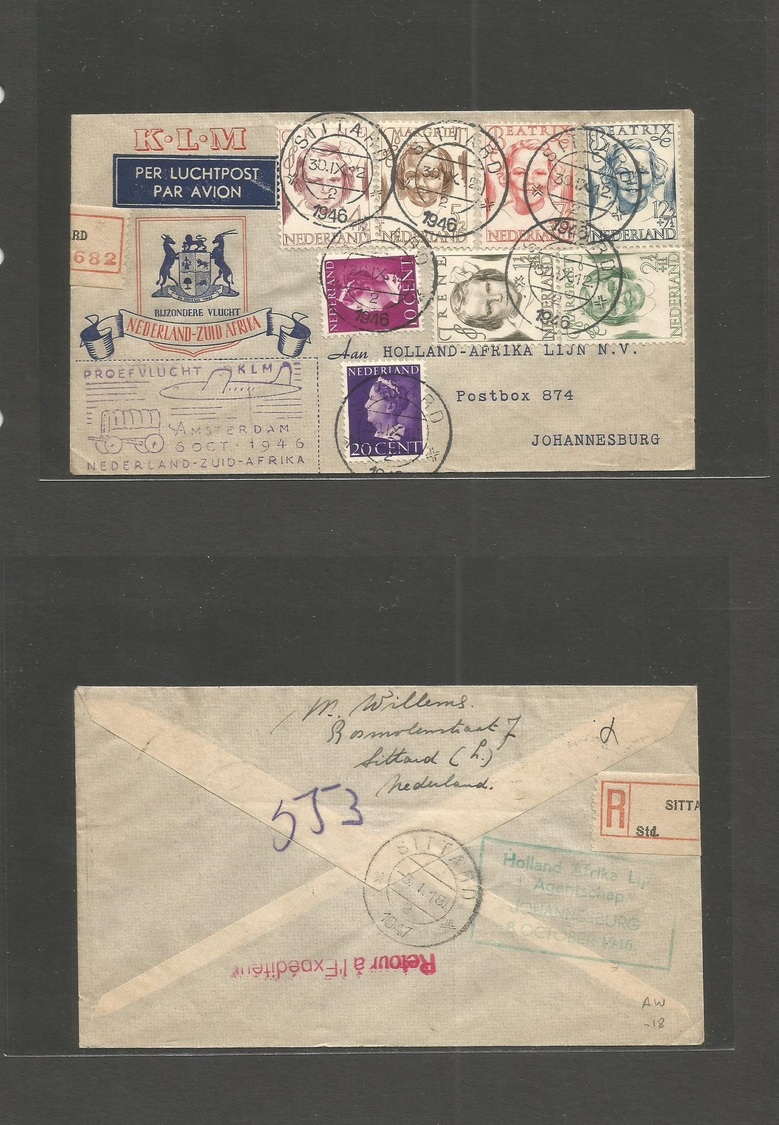 Airmails - World. 1946 (30 Nov) Netherlands - South Africa. First Flight Multifkd Cacheted Envelope. - Autres & Non Classés