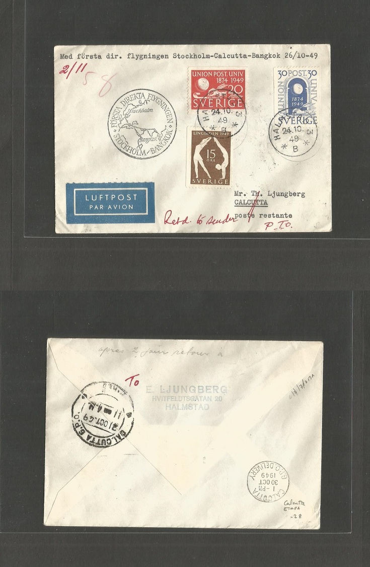 Airmails - World. 1949 (24 Oct) Sweden - India - Thailand. First Direct Fligh. Fkd Env. VF + Cachets. - Autres & Non Classés