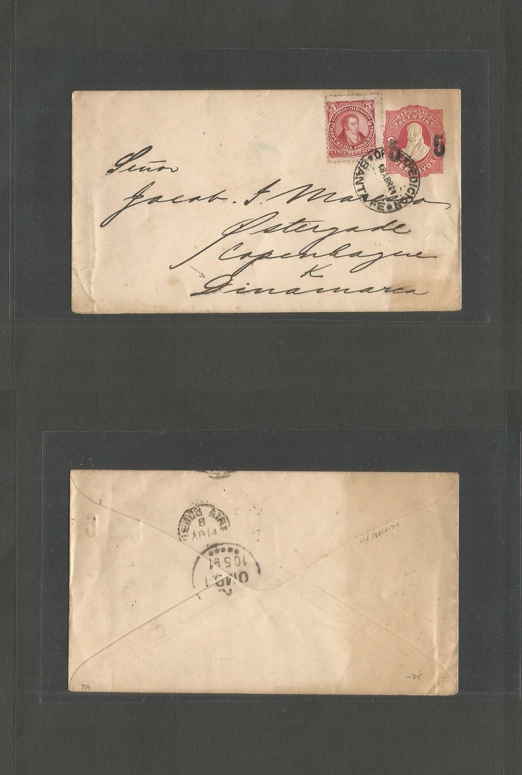 Argentina - Stationery. 1891 (13 April) Santa Fe - Denmark, Copenhagen (10 May) Ovptd 5c / 8c Stationary Envelope + Adtl - Andere & Zonder Classificatie