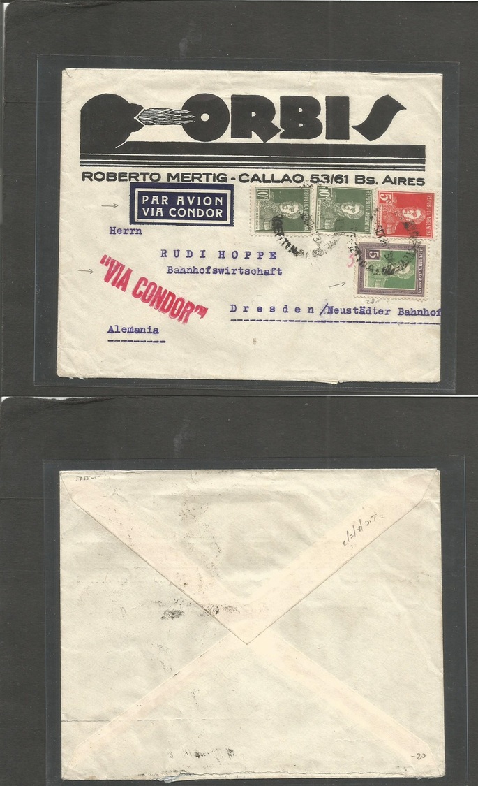 Argentina - Xx. 1935 (Sept) Bs As - Germany, Dresden. Modern Illustrated Multikd Envelope, Bearing 5 Peso Stamp + Air CO - Andere & Zonder Classificatie