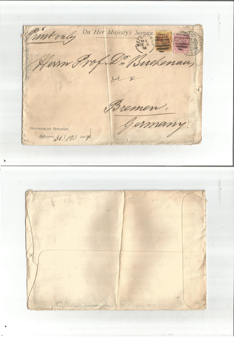 Australia. 1894 (Dec 31) Melbourne - Germany, Bremen. OHMS + Extra Fkd Env. Print Early Rate. - Autres & Non Classés