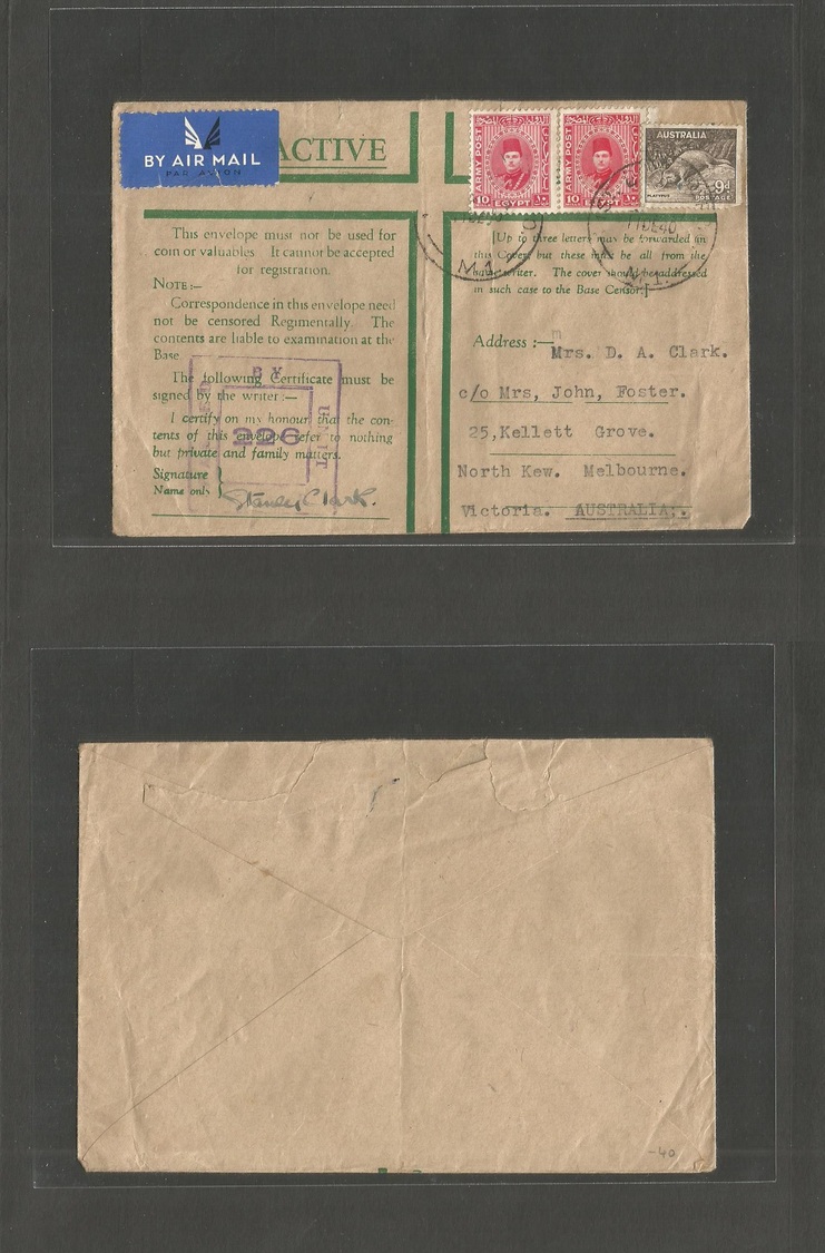 Australia. 1940 (11 May) EGYPT Australian Forces In Middle East. Multifkd Airmail Rate Envelope. Addresse To Australia,  - Autres & Non Classés