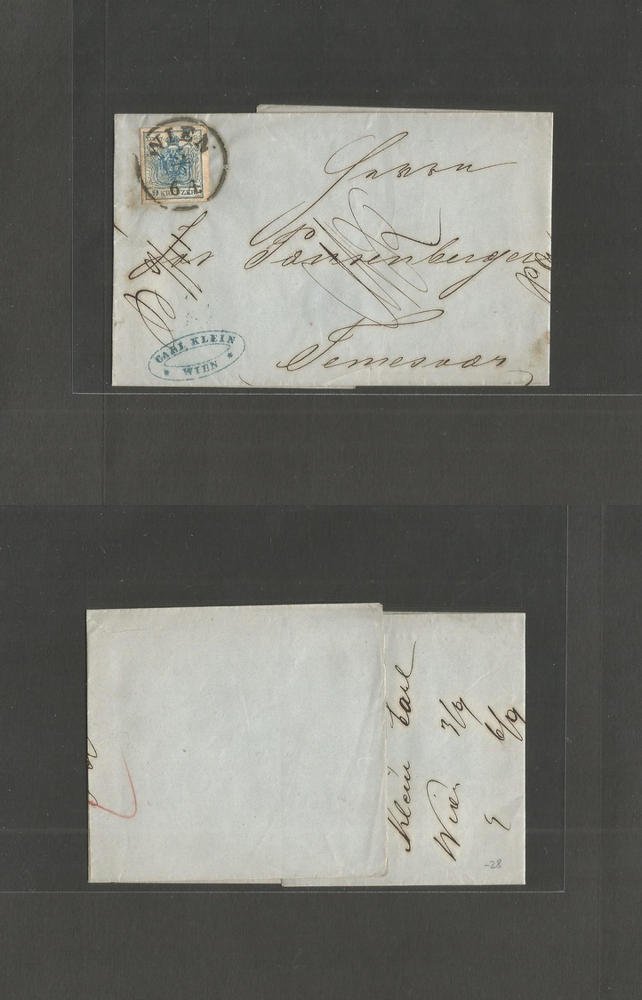 Austria. 1858 (3 April) Wien - Temesvar, Hungary. E. Fkd Single 9 Kr Blue Large Margins, Tied Cds. - Autres & Non Classés