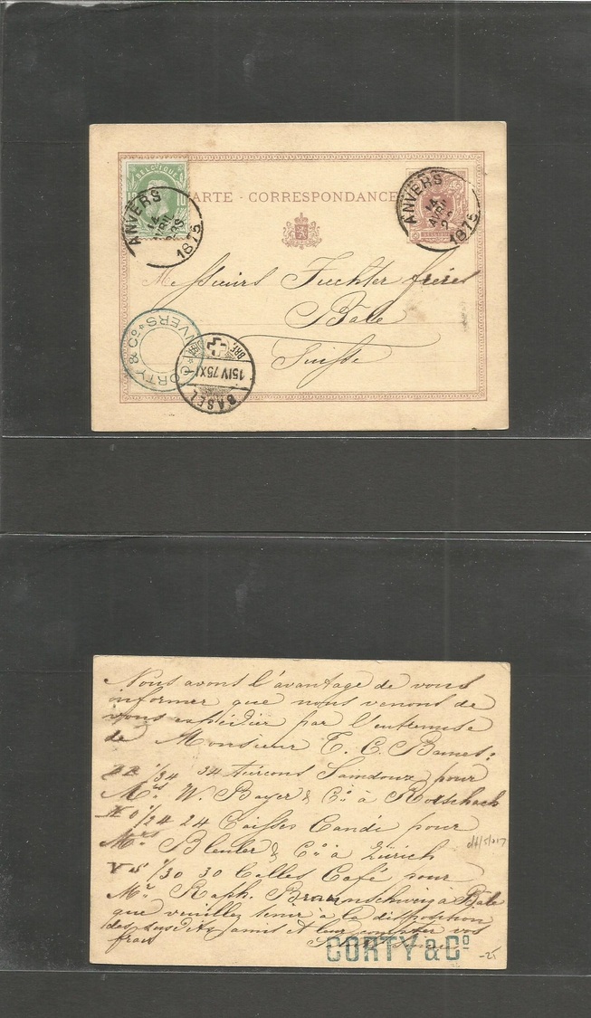 Belgium. 1875 (14 April) Anvers - Switzerland, Basel (15 April) 5c Lilac Stat Card + 10c Green Adtl Cds. Fine Early Over - Autres & Non Classés