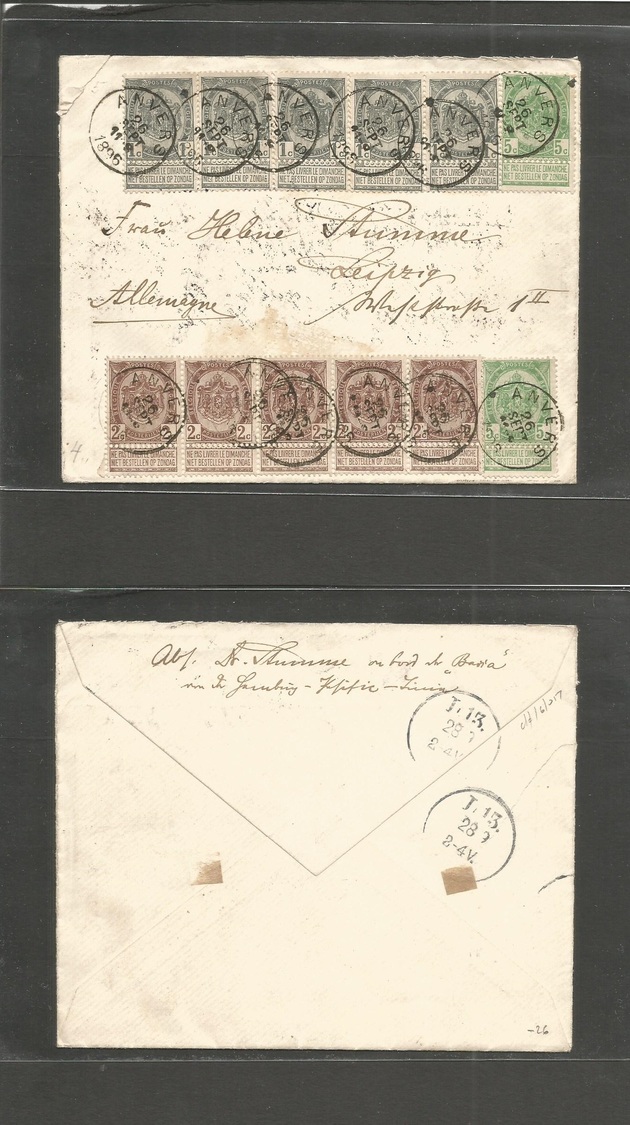 BELGIUM. 1896 (26 Sept) Anvers - Germany, Leipzig (28 Sept) Multifkd Env. Stamps With Tabs (x12) - Autres & Non Classés